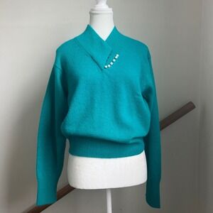 Vintage Lambswool Angora Sweater Pearl Buttons Baggy Preppy Frenchgirl Teal‎